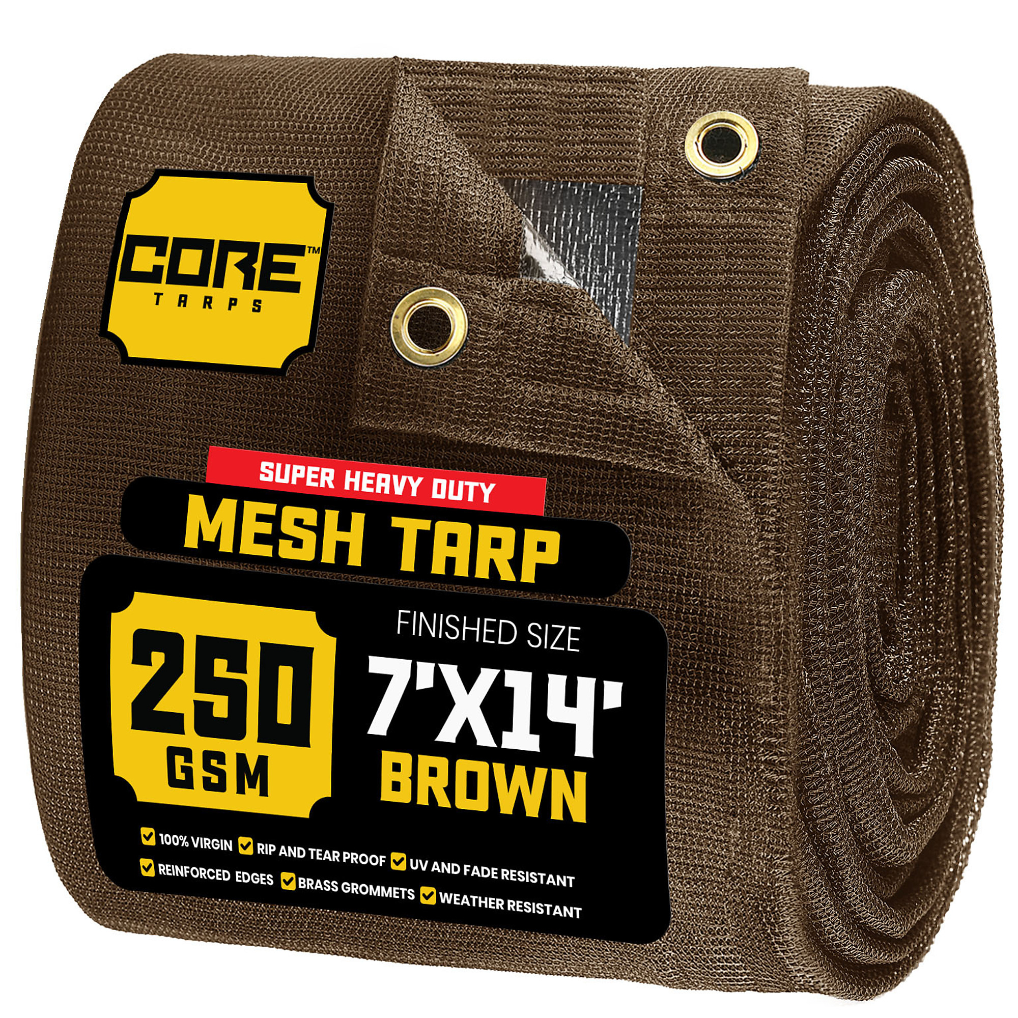 Core Tarps Heavy Duty Mesh Tarp — 7ft. x 14ft., 250 GSM, 7.5 Oz. Virgin Polyethylene, Brown, Model# CT-802-7X14